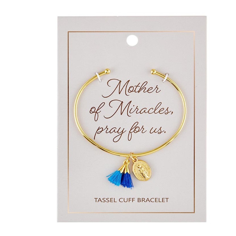 Our Lady of Grace brass gold plate medal cuff bracelet with blue tassels 7” NIP